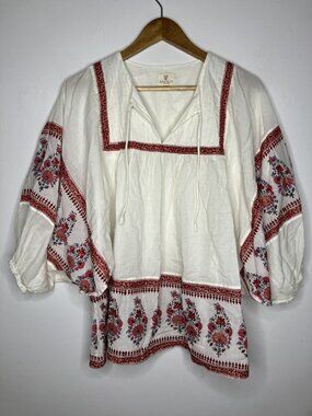 Anokhi Women's M White Red Floral Embroidered Top Blouse Peasant Hippie Boho